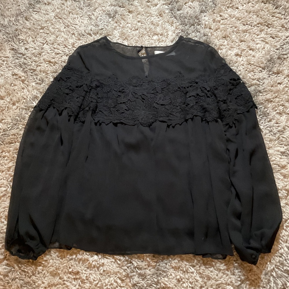 Mustard Seed Black Sheer Lace Chest Long Sleeve‎ Blouse Top Medium